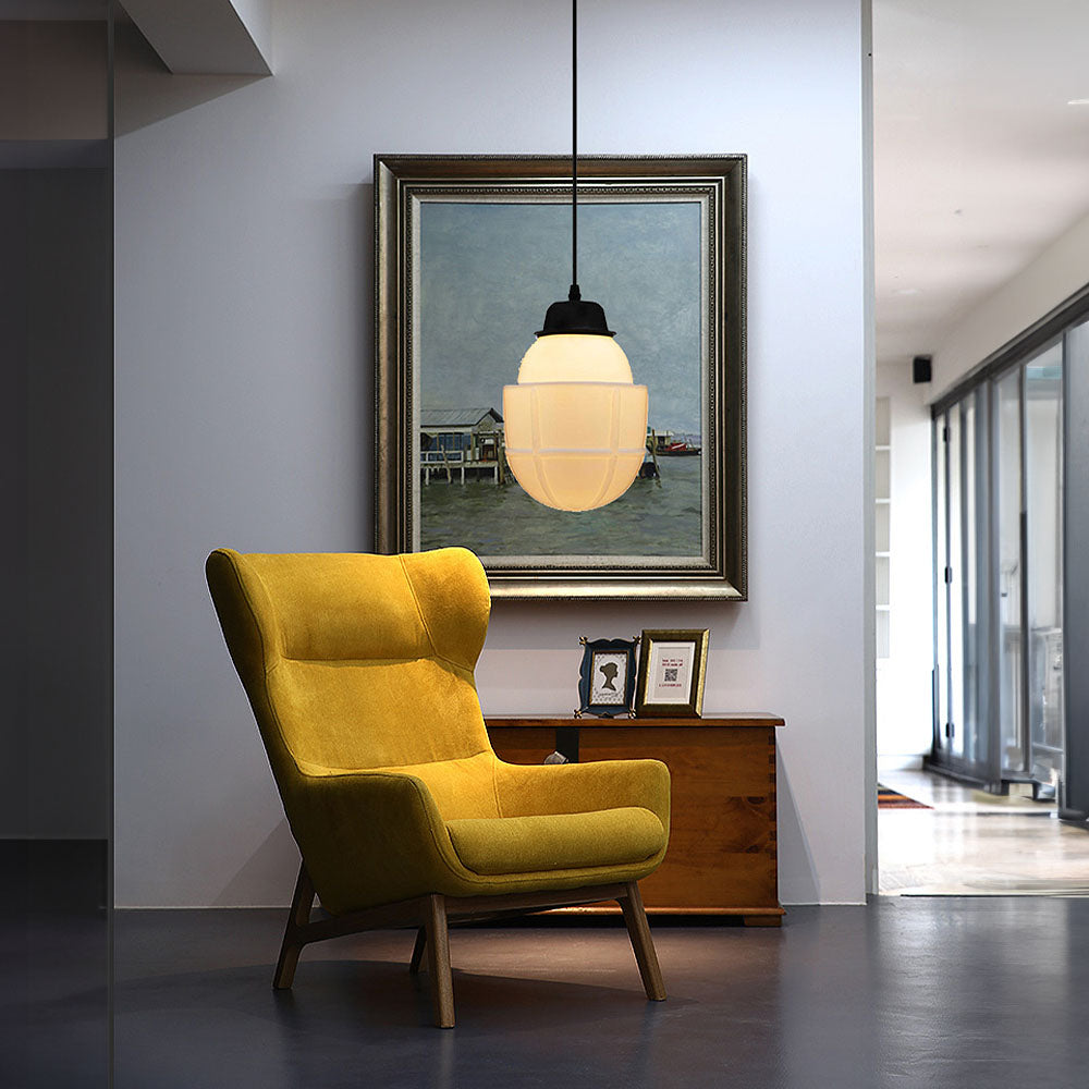Vintage-weiße Milchglas-Pendelleuchte mit geometrischem Glasge